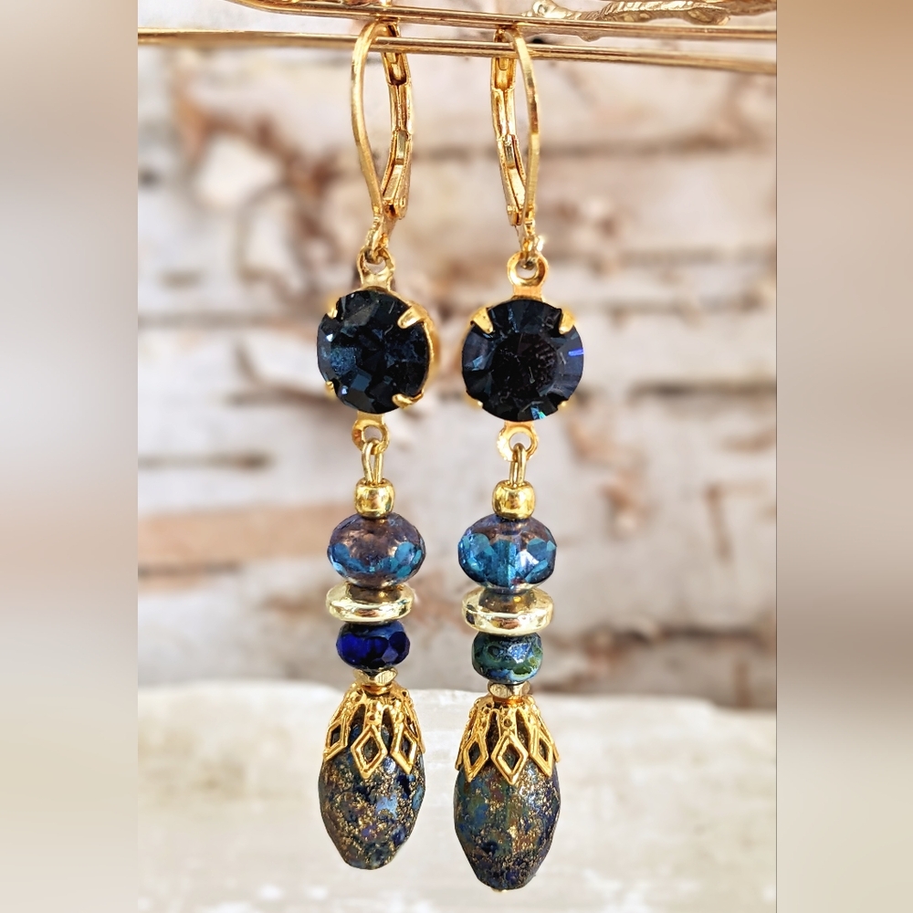 Victorian Rustic Blue& Swarovski Crystal Cottagecore Gold Plated Earrings